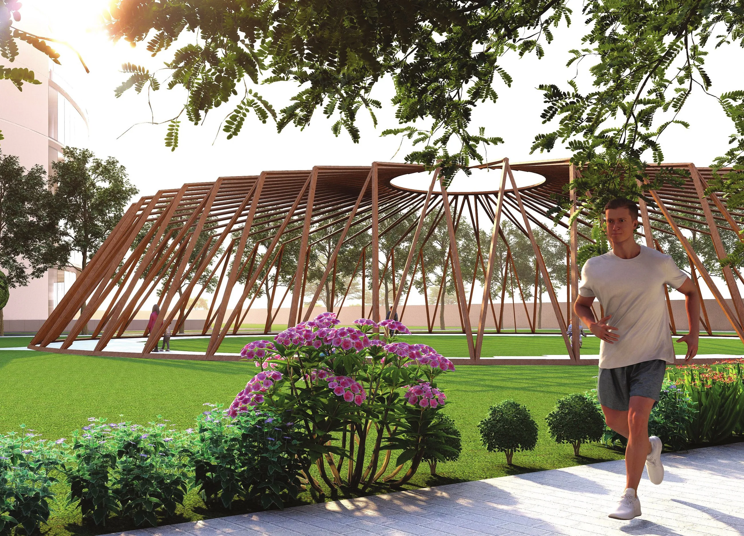 Render of a timber pergola amenity structure on the landscaped grounds