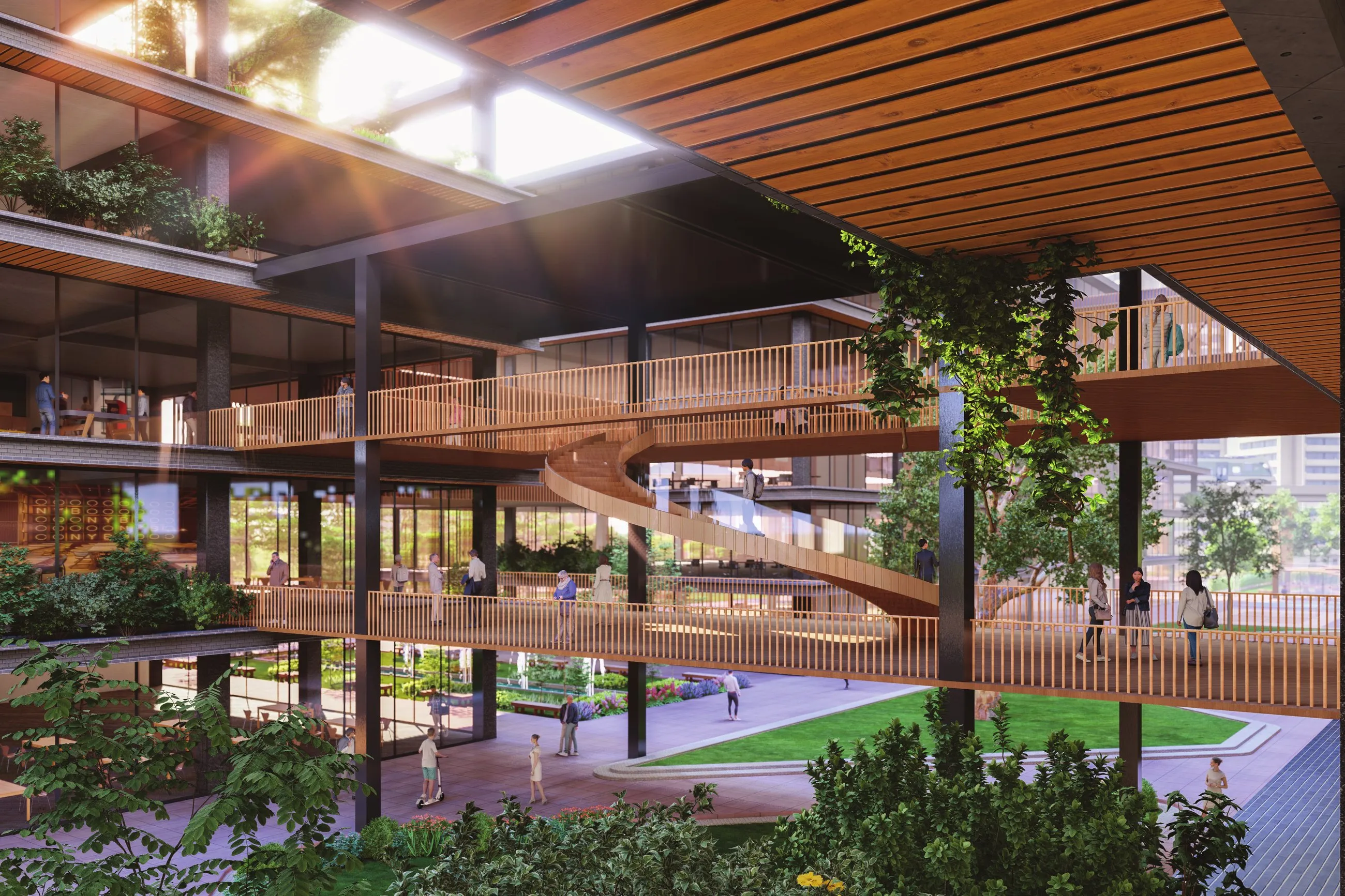 Render of a shaded walkway between the campus blocks, with planting, a bridge above and people crossing