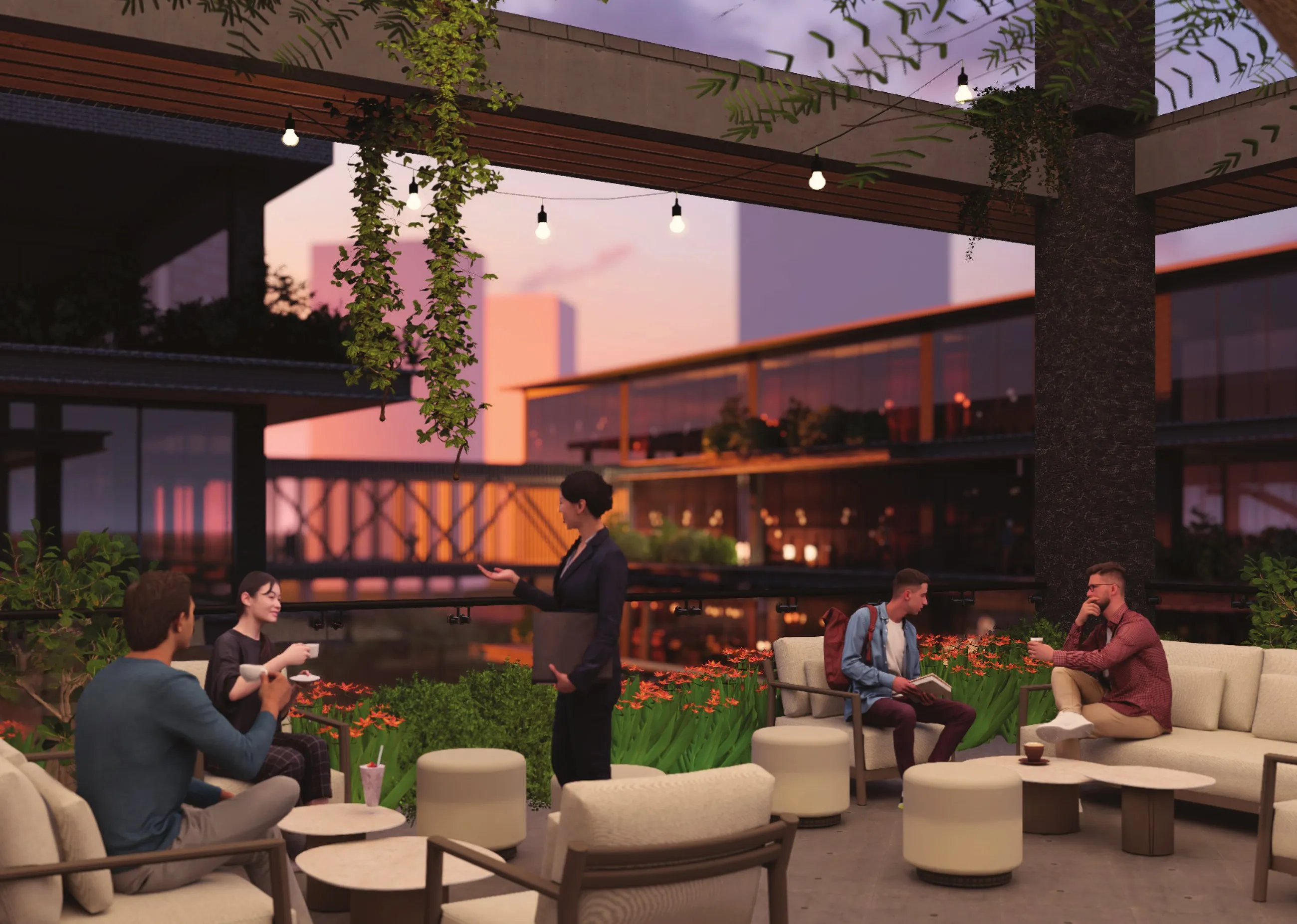 Evening render of a terrace lounge with warm lighting, planting and people talking