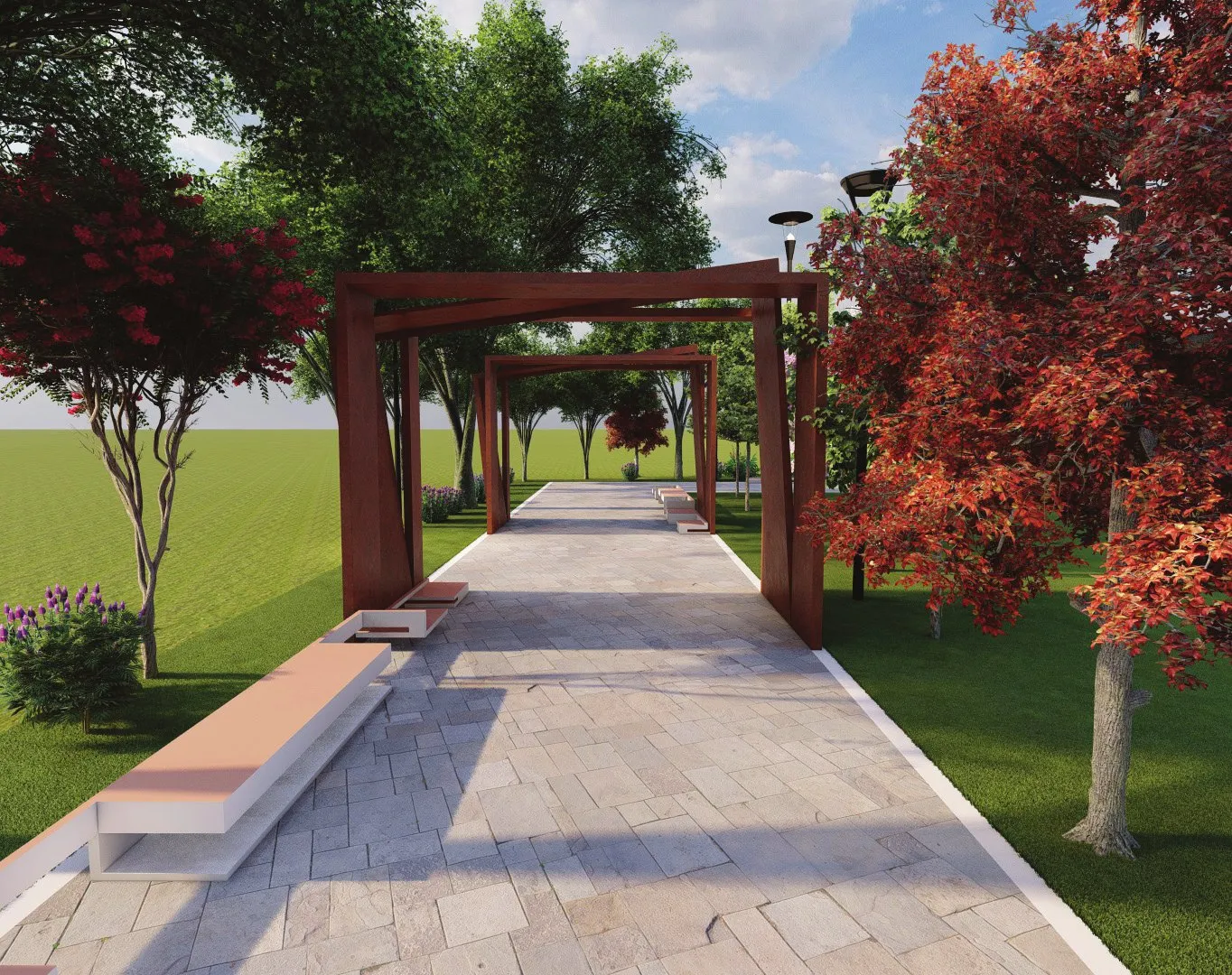 Render of the landscaped walkway approaching the pavilion, with benches and autumn trees