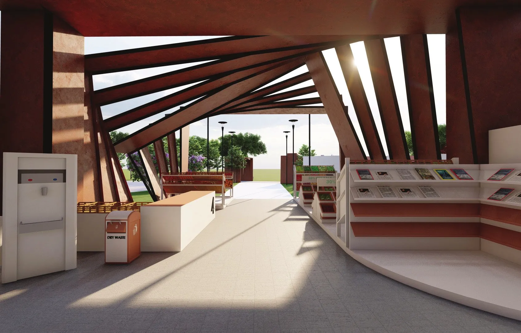 Render of the empty market hall with light falling between the roof fins